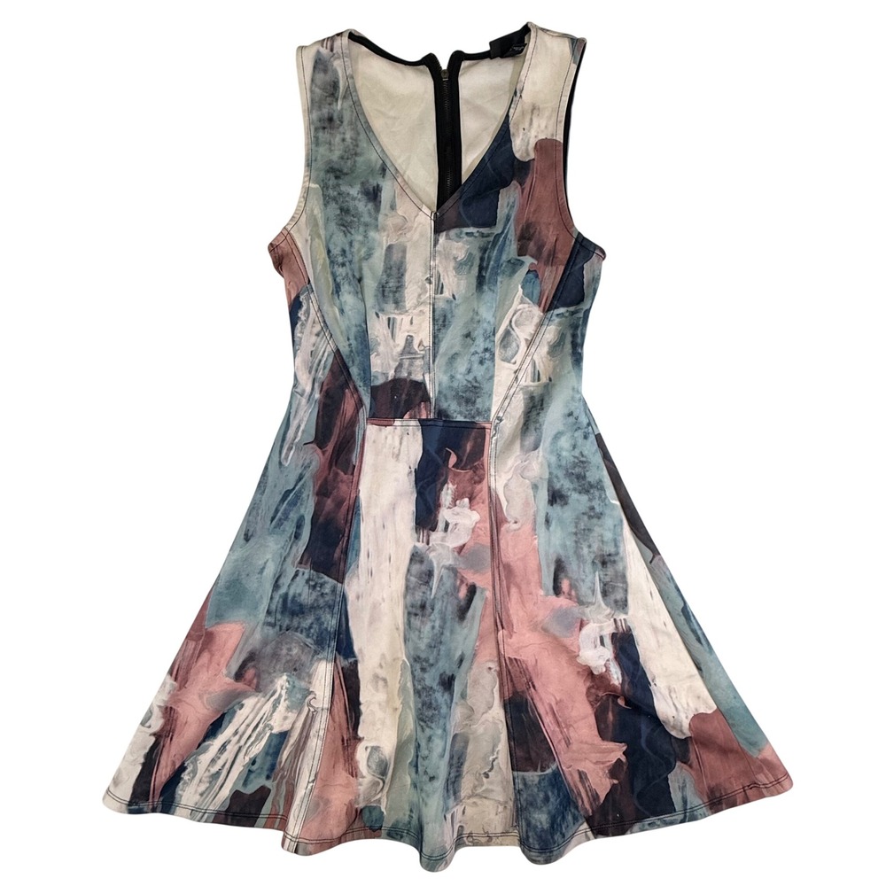 Mossimo Womens XS Abstract Watercolor Fit and Flare‎ Skater Dress V-Neck